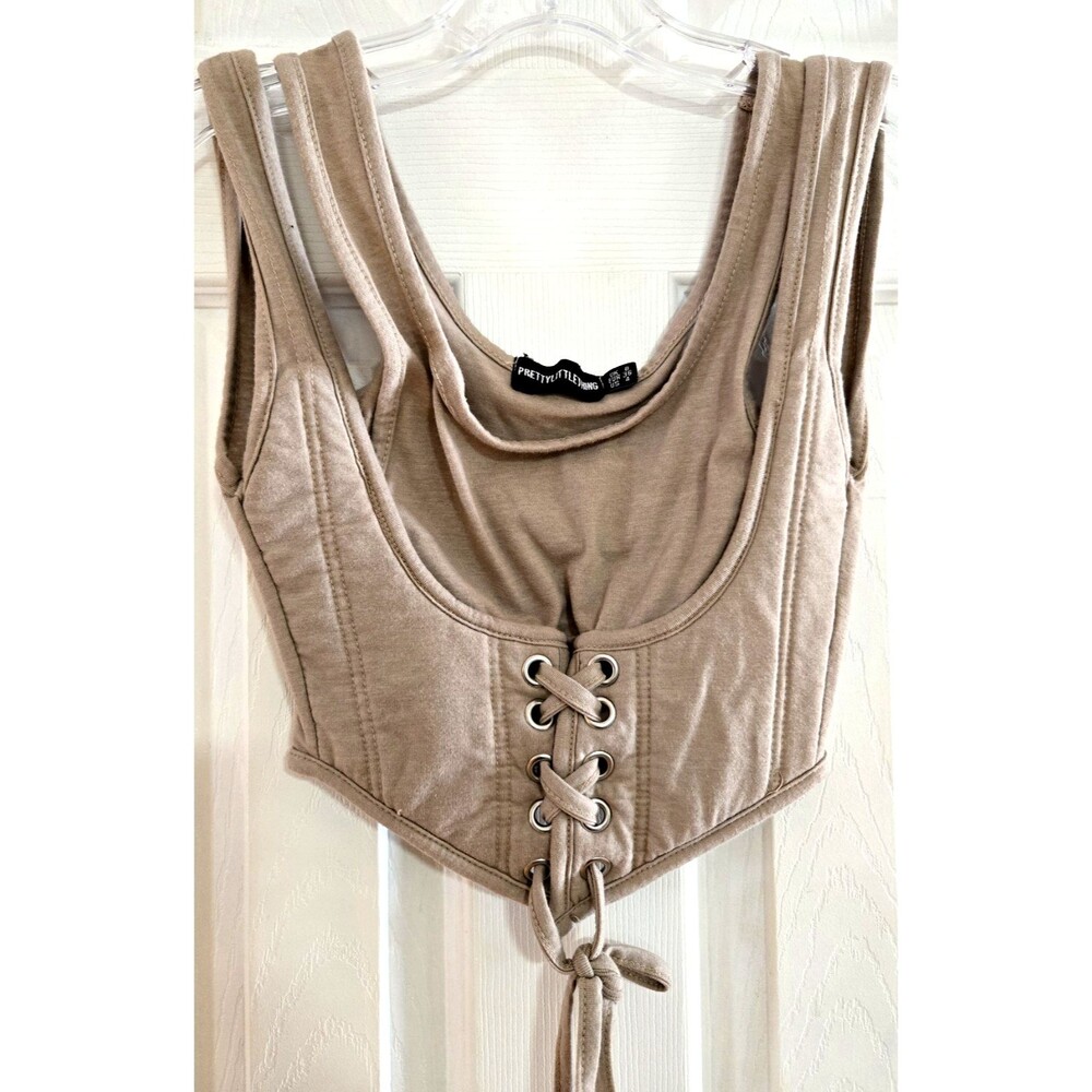 Pretty Little Thing Lace Up Corset Tan Stretch Fashion Cottagecore Top Size 4